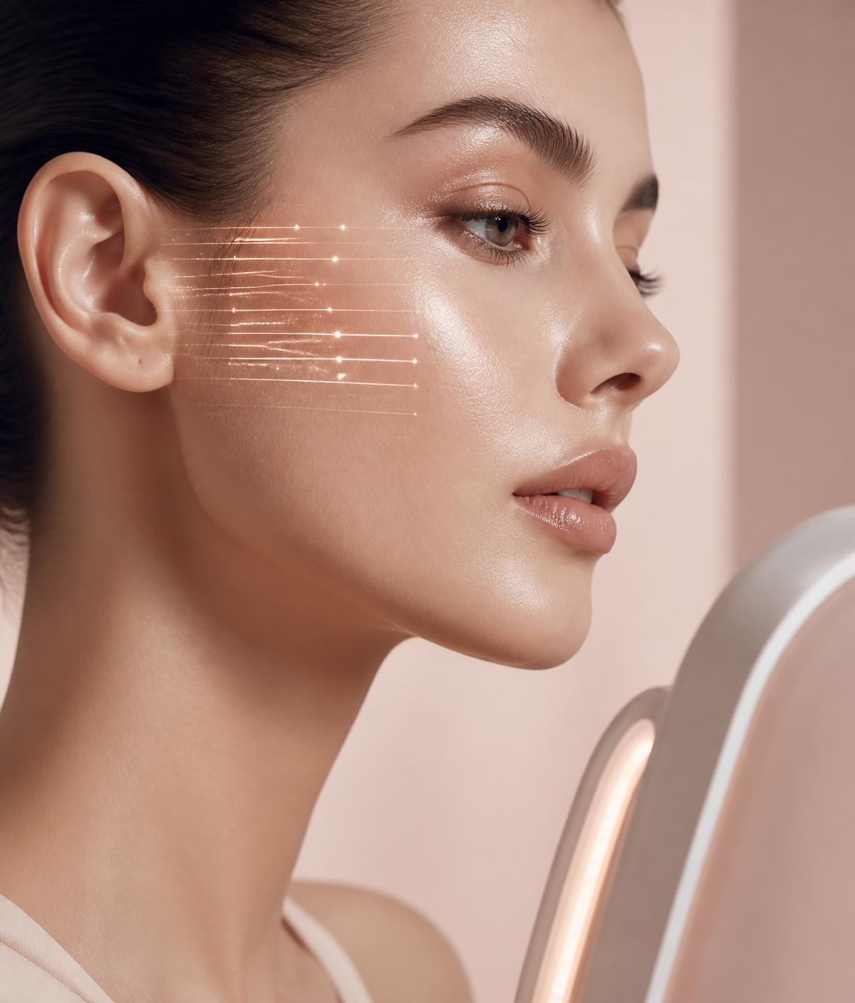 Close-up of luminous skin with a soft light scan across the cheek